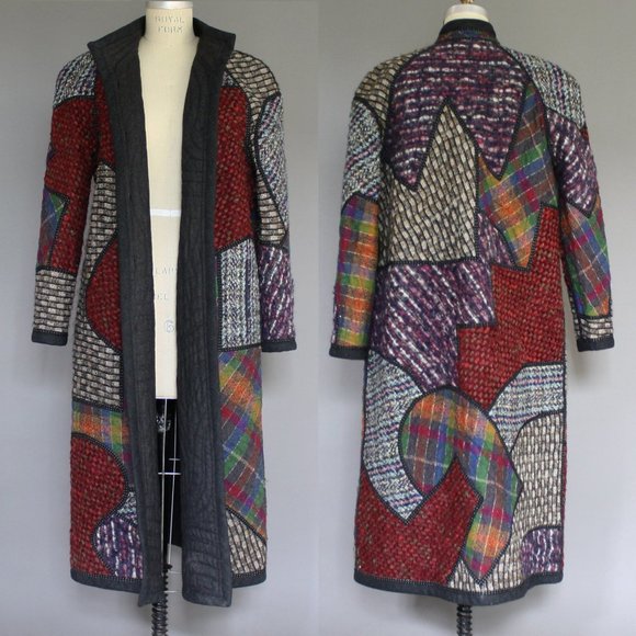 Vintage Koos Van Den Akker Women’s wool Coat Quilted Patchwork 80s sz 10, SMALL - Picture 5 of 12